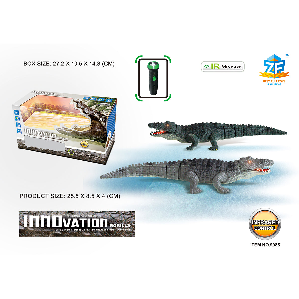 Realistic Remote Control Crocodile Toy by HugmieToys with infrared control, glowing eyes, and lifelike texture, ideal for Halloween pranks and kids' play.